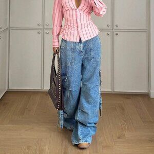 Blue Casual Women's Cargo Pocket Pleated Wide Leg Loose Jeans